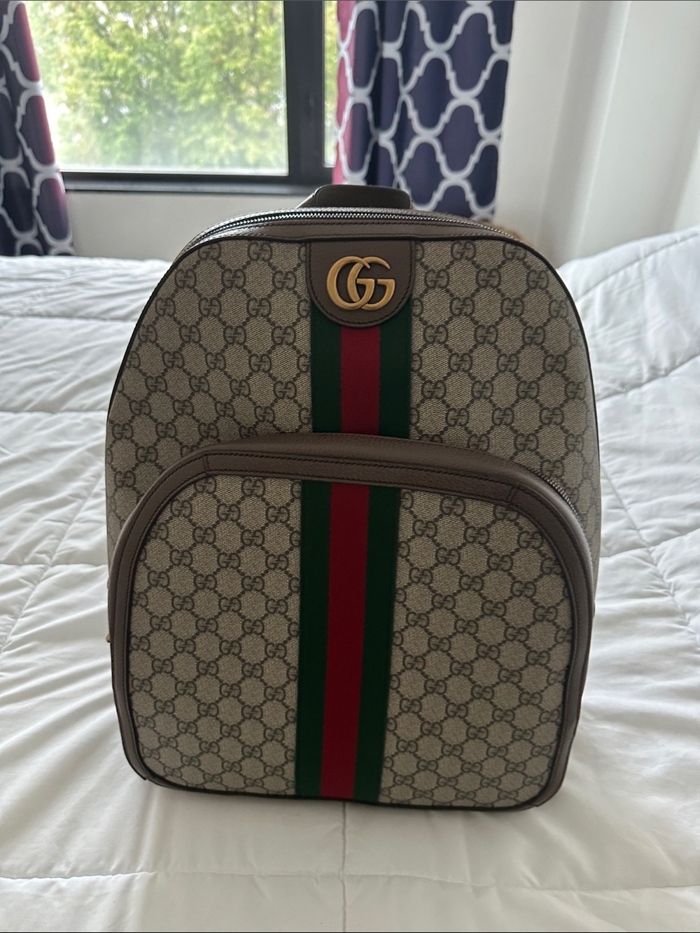 Gucci Beige GG Canvas Backpack with Green & Red Web and Gold GG